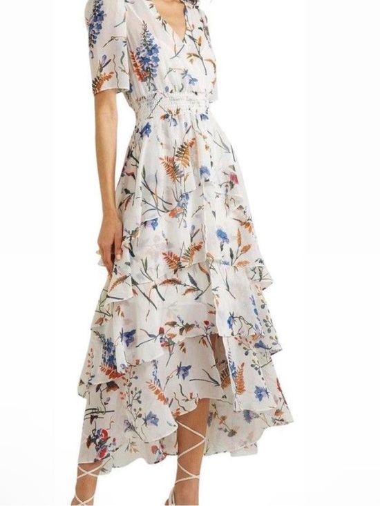 Maje Dresses & Skirts - Maje White High-Low Floral Ruffle Dress with Blue & Orange Print spring/summer